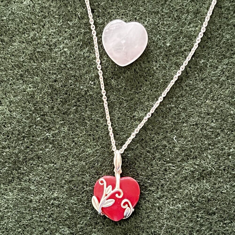 Vintage Red Carnelian Pink Quartz Heart Sterling Pendant Interchangeable Gems
